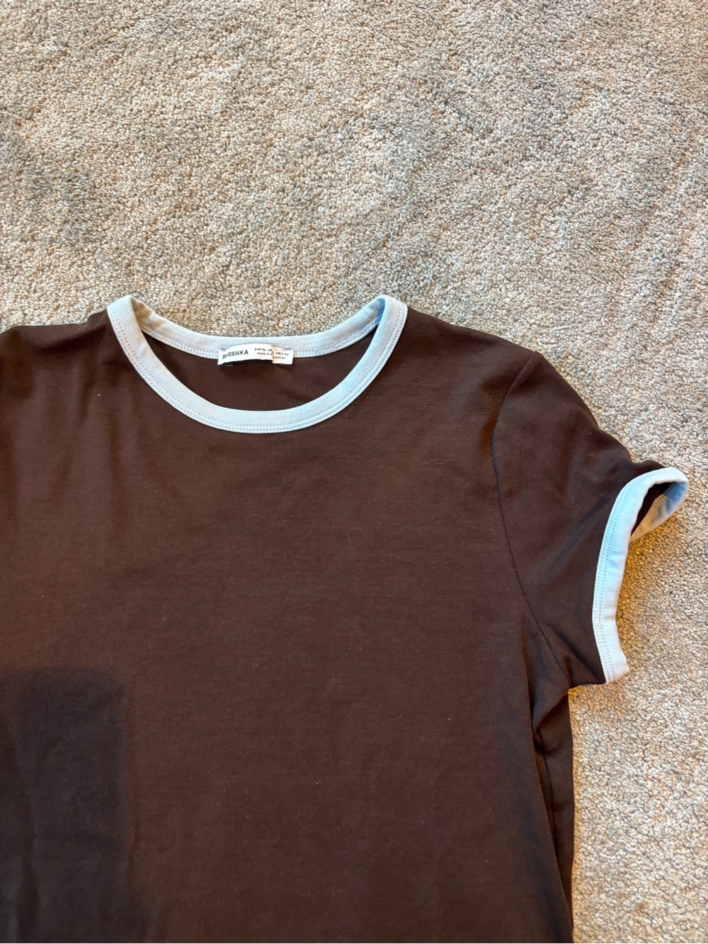 Bershka Brown Two Tone Contrast Tee with Blue Ringer Trim